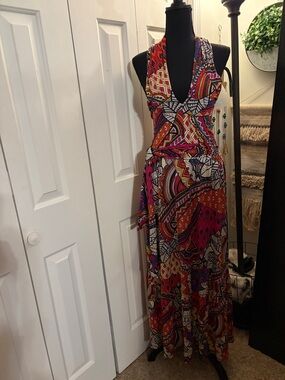 Anthropologie Halter Maxi Dress in Pink, Orange, and Blue Geometric Print